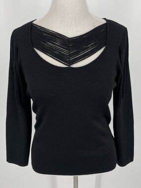 Ruby Cho Black Fringe Strappy Cage Neck Knit Sweater Top Size L